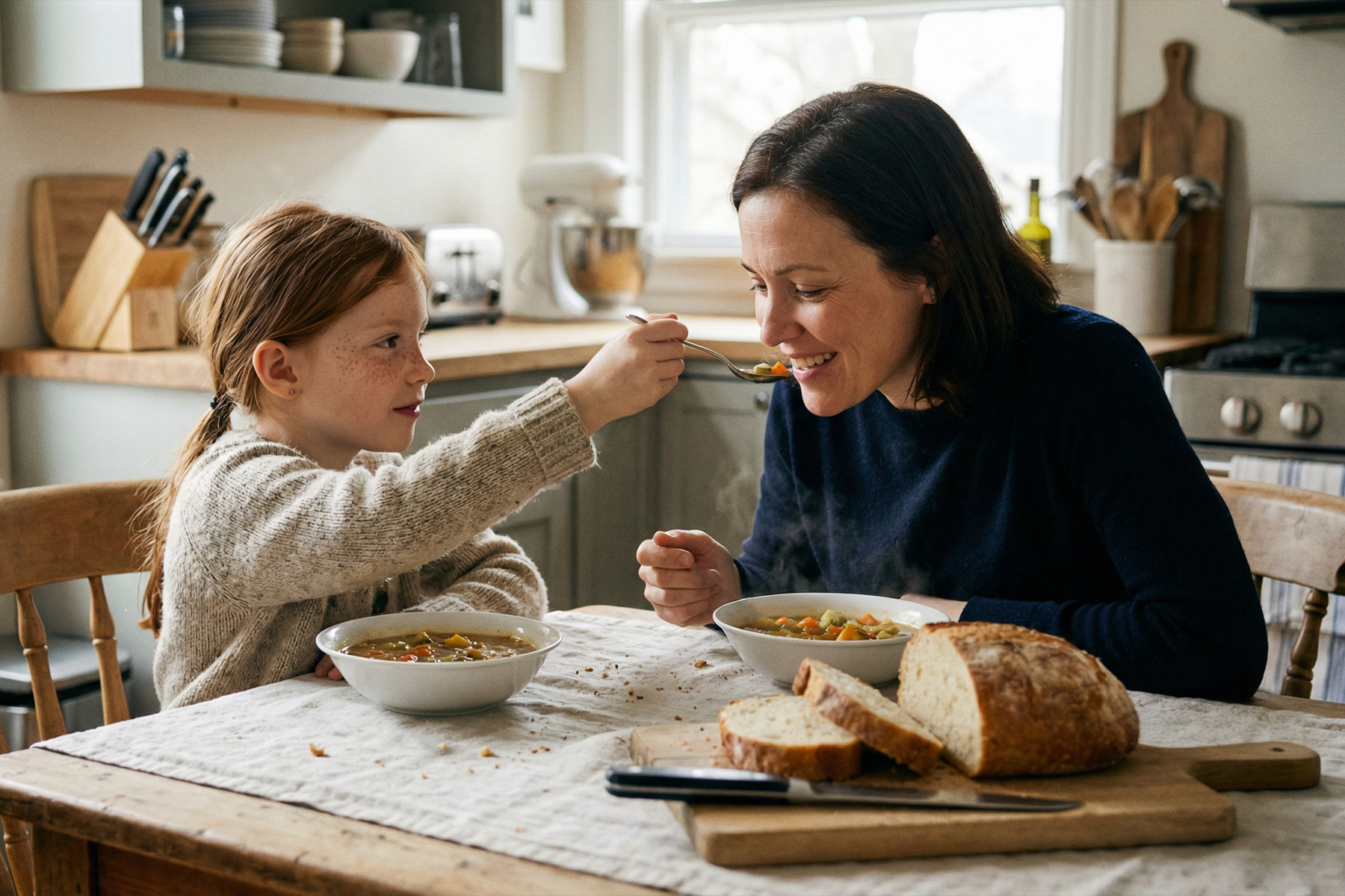 Маленькая дочка кормит маму супом ложкой на кухне — символ нарушения иерархии