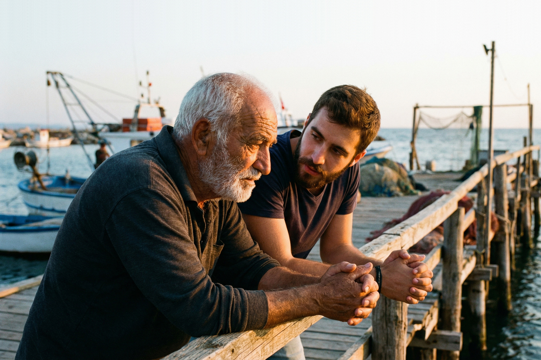 Взрослый сын с доверием слушает пожилого отца