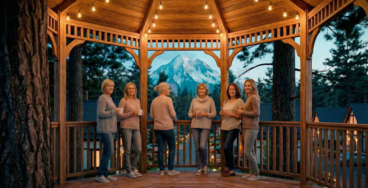 Несколько женщин беседуют в уютной беседке на ветвях гигантского дерева, символизируя доверительный обмен отзывами и поддержку