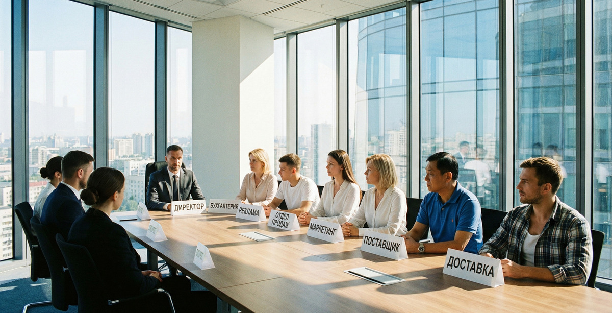 Группа профессионалов на совещании за столом, представляющая собой слаженную бизнес-систему и командное взаимодействие.