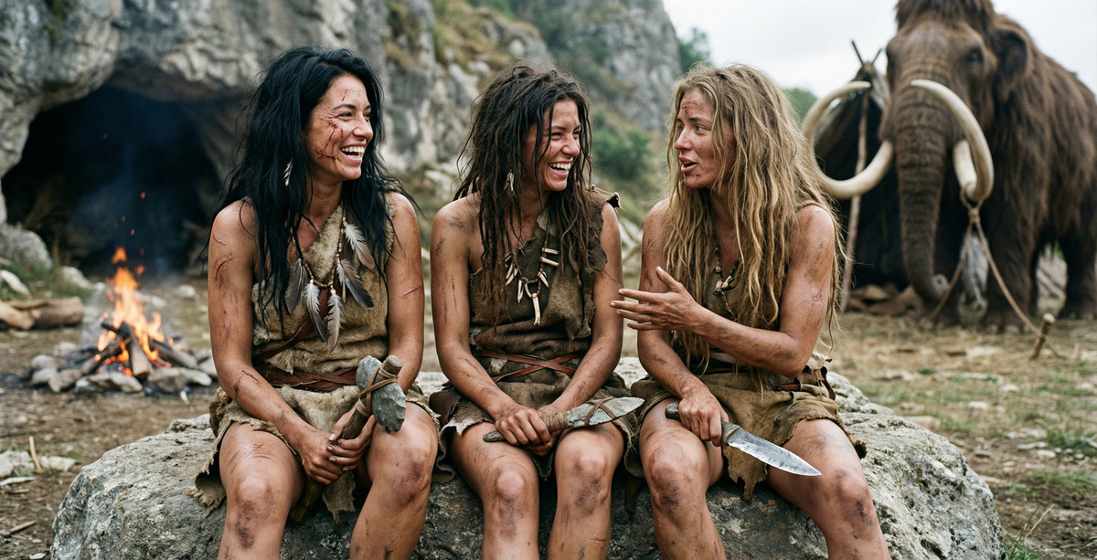Три женщины каменного века в звериных шкурах сидят у пещеры и весело беседуют, символизируя искренние отзывы и древние традиции обмена опытом