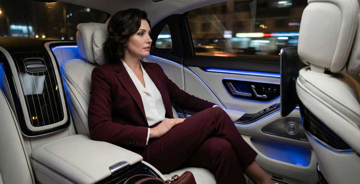 Женщина-руководитель на заднем сиденье автомобиля Майбах с белым кожаным салоном едет домой на отдых.