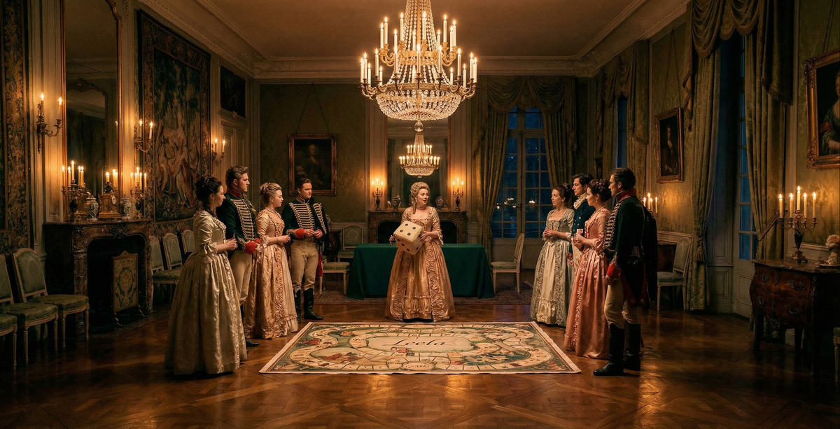 Дамы в пышных платьях с париками и гусары XVIII века играют в трансформационную игру Лила в старинном дворцовом зале.