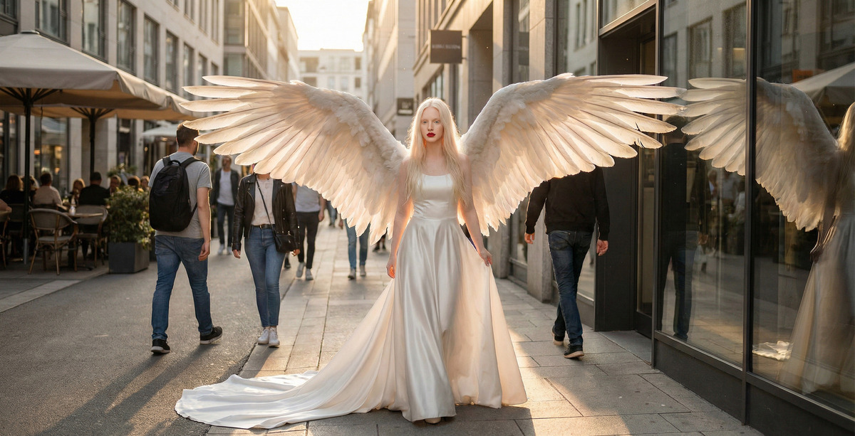 Девушка-ангел с крыльями идёт по оживлённой городской улице среди прохожих, символизируя внутреннее счастье и практики НЛП