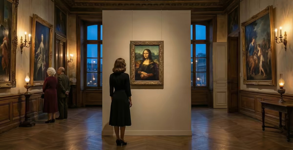 Женщина в галерее изучает картину Мона Лиза, метафора психологического анализа и статьи о подсознании.