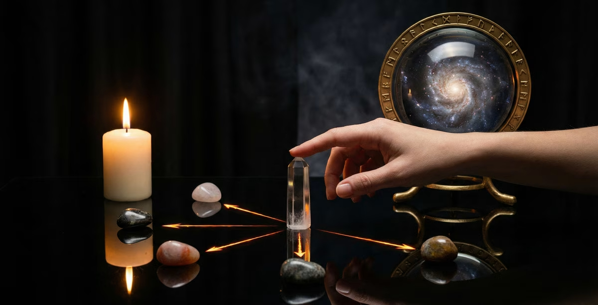 Женская рука касается кристалла в поле расстановки, окружённого камнями и горящей свечой — символ работы с тонкими энергиями и примерами системных решений