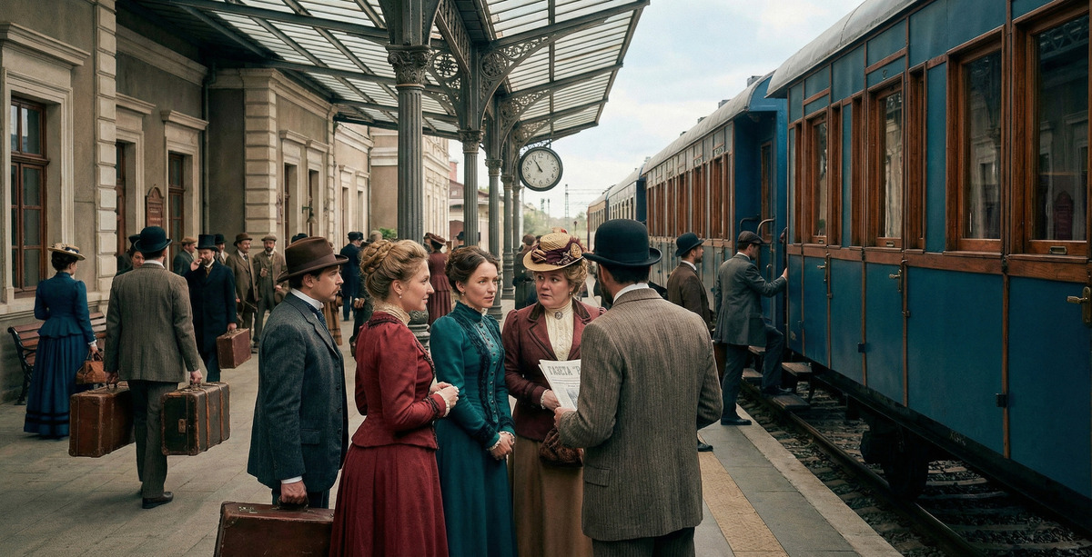 Три женщины и мужчина в костюмах 18 века беседуют на старинном вокзале перед посадкой в поезд, символизируя обмен мнениями и отзывы о пройденном пути