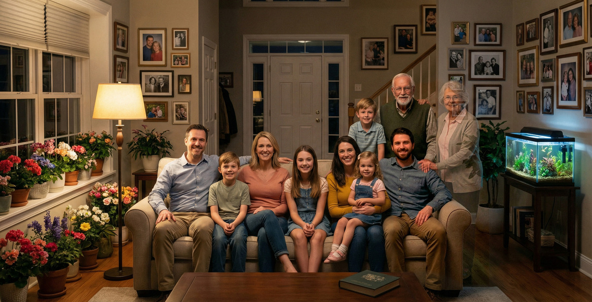 Современная большая семья на диване и призрачный образ матери рядом с отцом — метафора семейной системы и метода системных расстановок