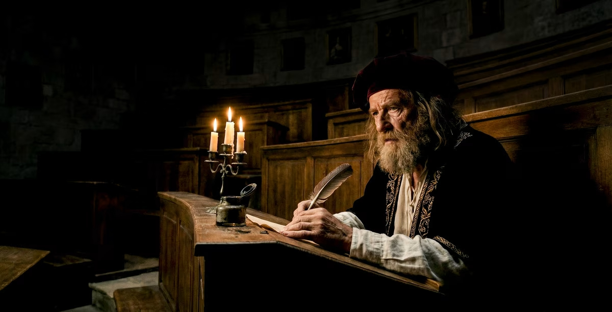 Старик-мудрец пишет пером в старинном амфитеатре — иллюстрация к психологическому тесту на мудрость