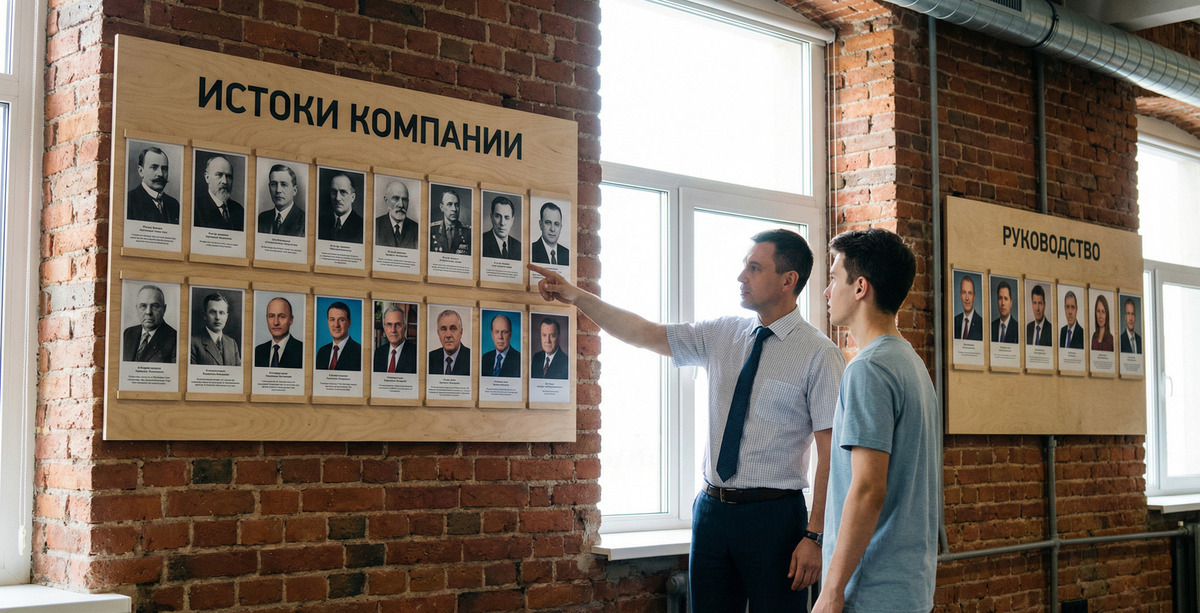Опытный сотрудник предприятия у информационного стенда рассказывает молодому коллеге об основателях и людях, стоявших у истоков компании.