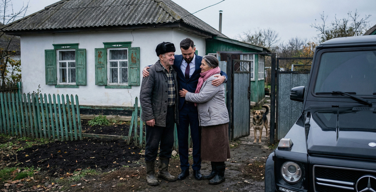Взрослый сын в костюме обнимает престарелых родителей у старого дома — пример закона баланса в родовой системе
