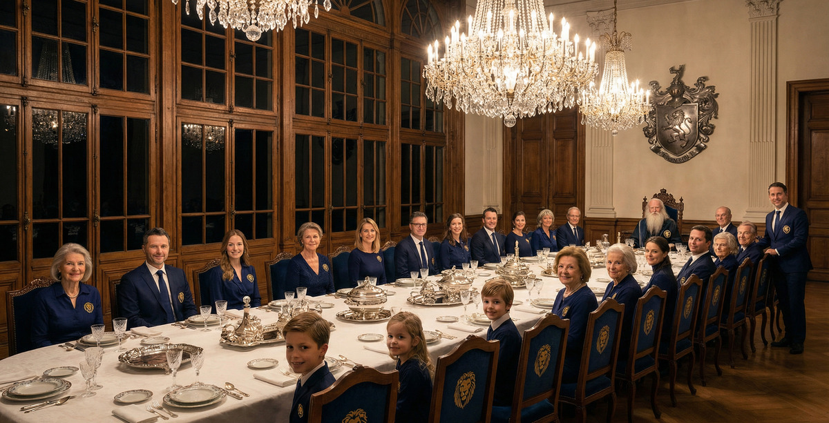 Большая семья за длинным столом в старинном зале: старик во главе и дети по старшинству — визуализация закона иерархии рода