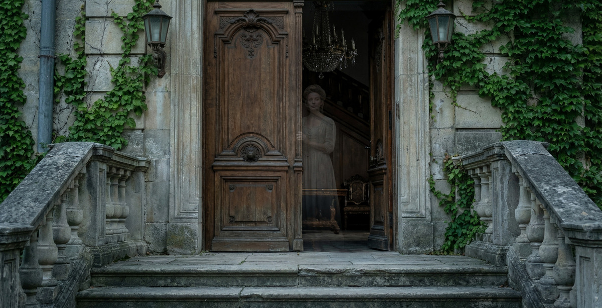 Призрачный силуэт женщины в дверях старинного особняка — визуализация закона принадлежности в родовой системе и памяти о предках