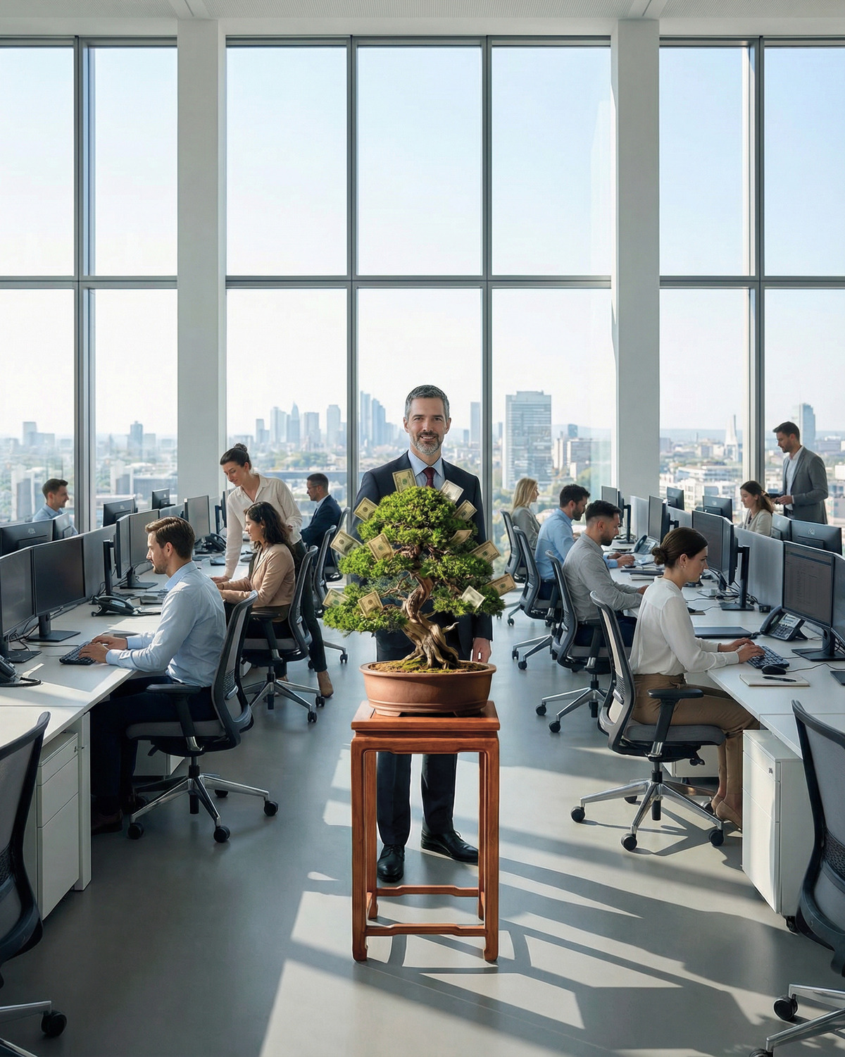 Бизнес-расстановки для увеличения дохода: предприниматель в офисе с денежным деревом бонсай как символом роста прибыли.