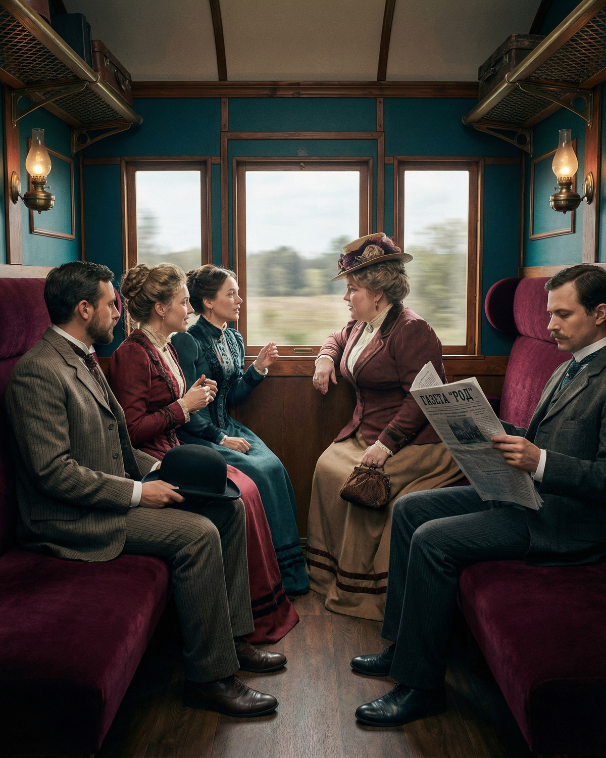 Дамы в поезде 18 века делятся новостями, символизируя доверительную атмосферу и искренность оставленных отзывов