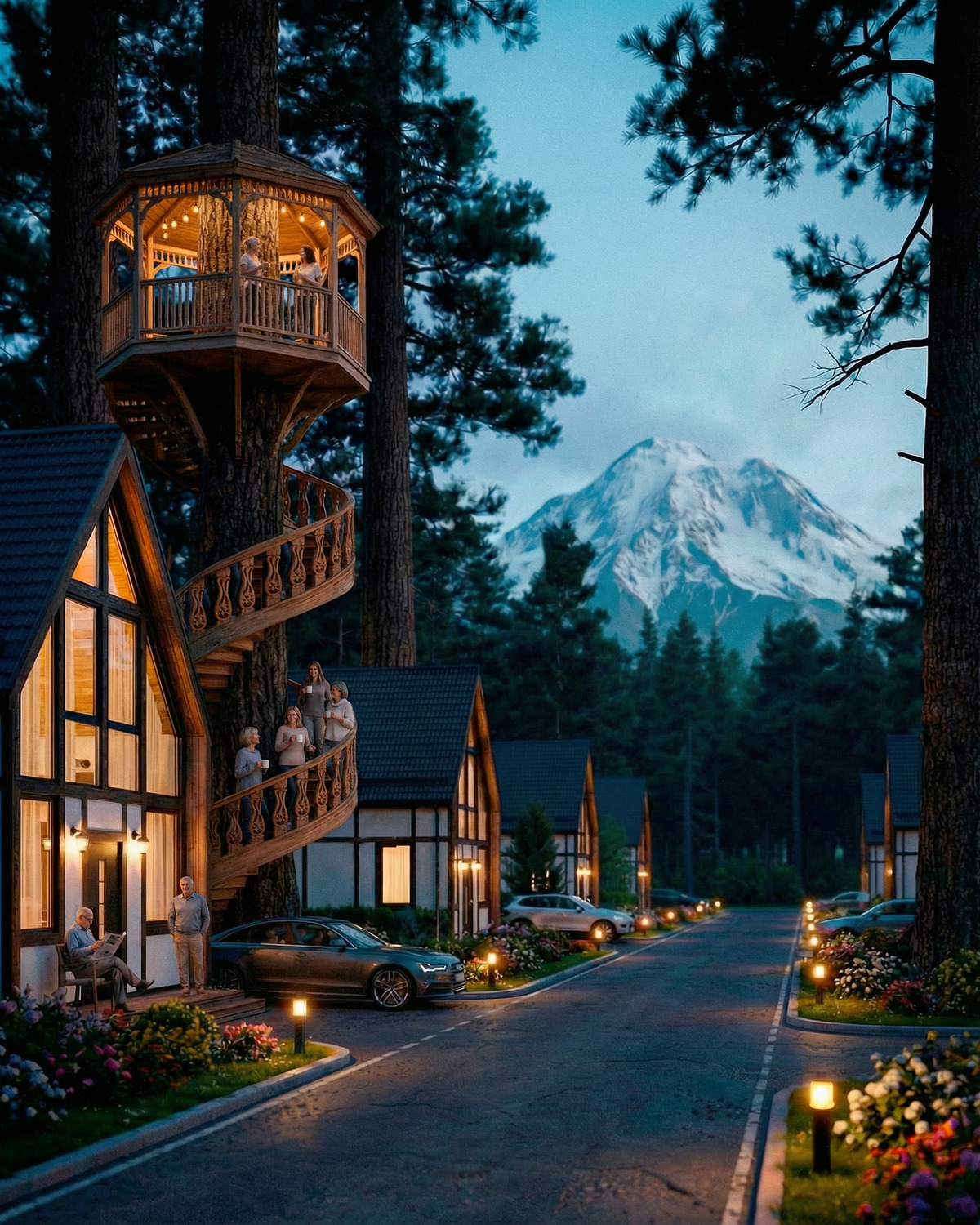 Уютный городок из коттеджей среди гигантских деревьев с видом на горы, где на высоте расположена общая беседка для встреч и обмена опытом