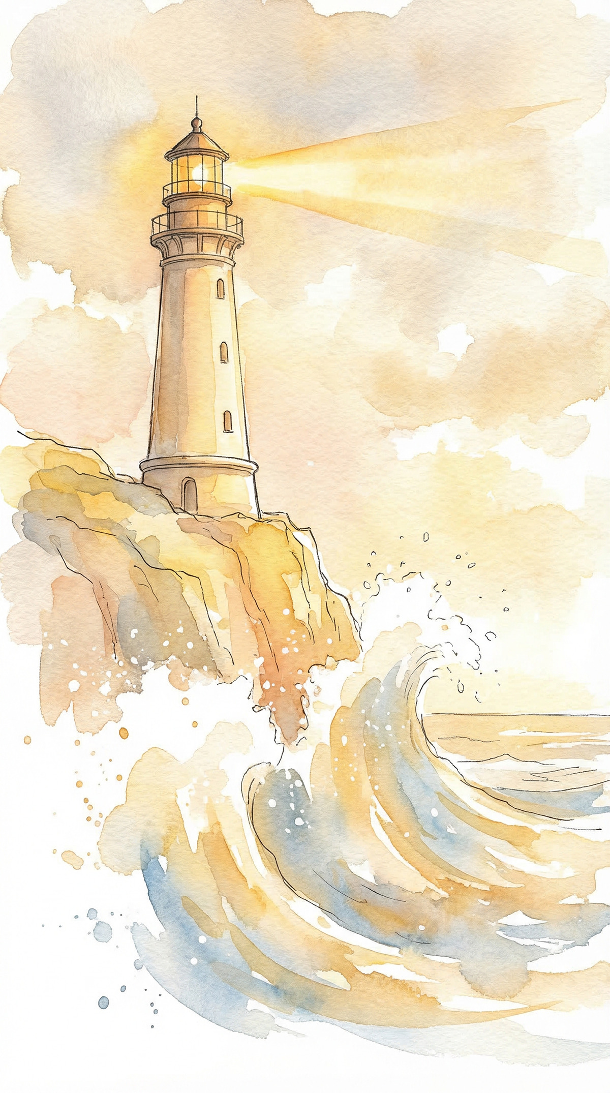Вдохновляющая акварель: устойчивый маяк на скале излучает теплый золотой свет, символизирующий внутреннюю опору. Огромная волна разбивается о берег, но свет остается ясным, активируя состояние спокойствия, безопасности и доверия к себе.