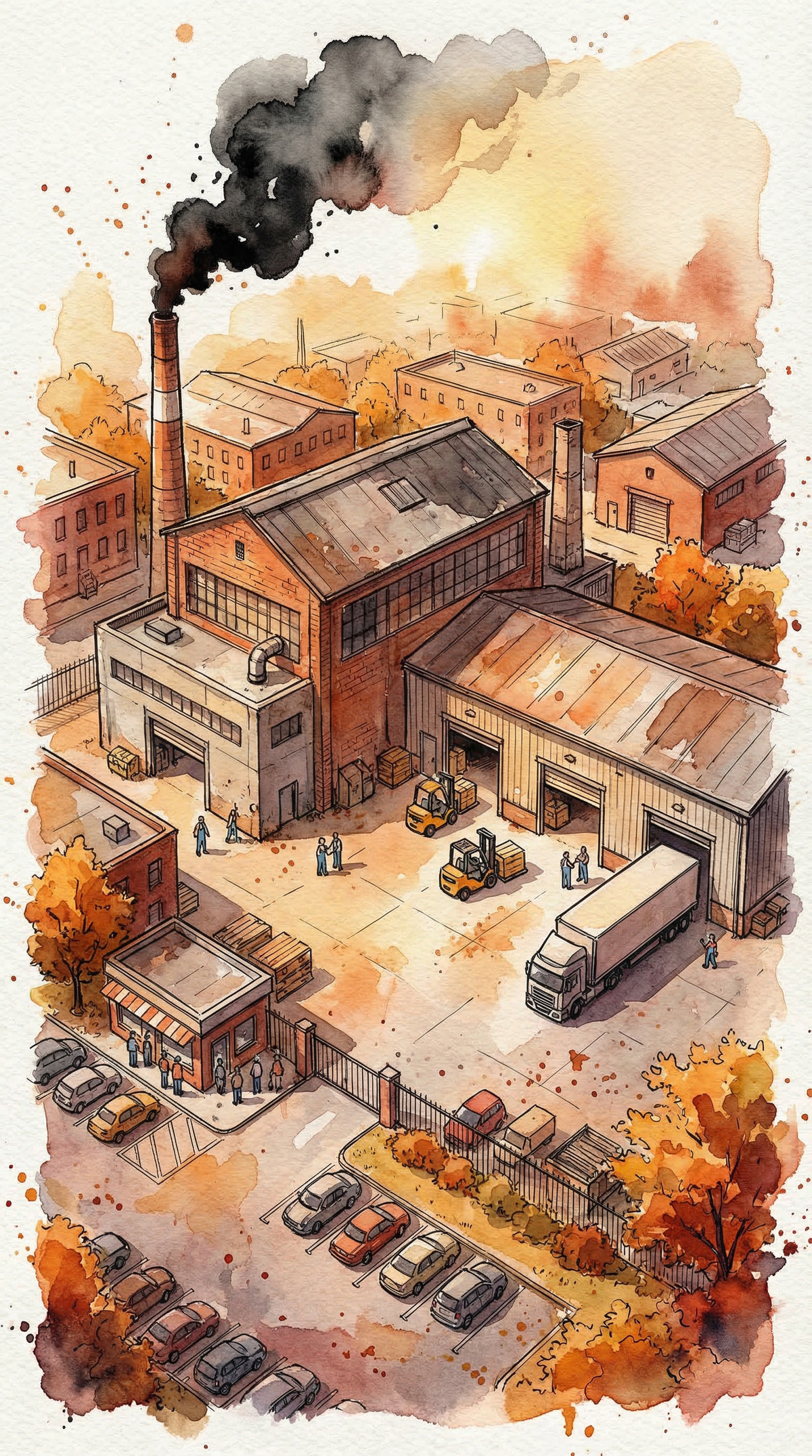 Акварельная иллюстрация успешной бизнес-системы: вид сверху на работающее производство, склад и магазин с покупателями в теплых золотистых тонах для страницы бизнес-расстановок