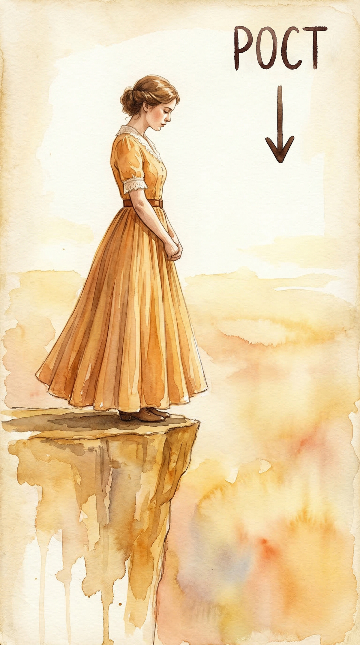 Трансформационная психологическая игра: молодая женщина в пышном платье-парашюте совершает прыжок веры. Она плавно спускается мимо полок с метафорическими предметами, выбирает знания и приземляется с книгой и смехом. Акварельный стиль, символизирующий личностный рост и легкость перемен.