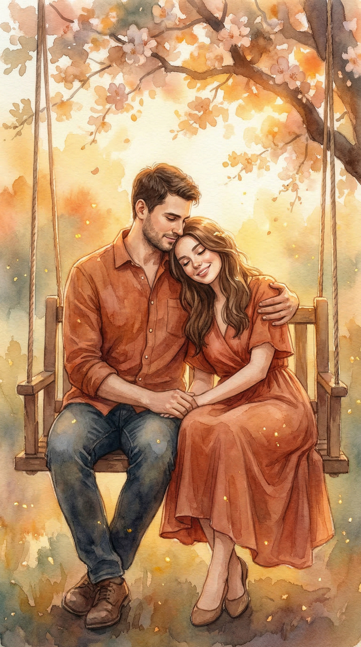 Теплая акварельная иллюстрация: влюбленная пара, сидящая на качелях под цветущим деревом, обнимает друг друга. Символ любви, отношений, взаимной поддержки и нежности.